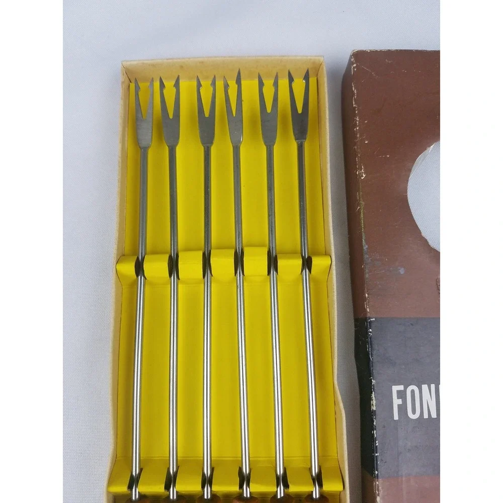 Vtg stainless steel fondue forks wood handles set of 6 Japan mid century kit